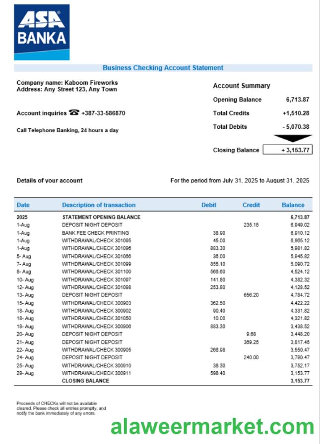 ASA Banka company checking account statement Word and PDF template
